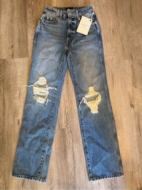 KHAITE Medium Blue Distressed Straight-Leg Jeans